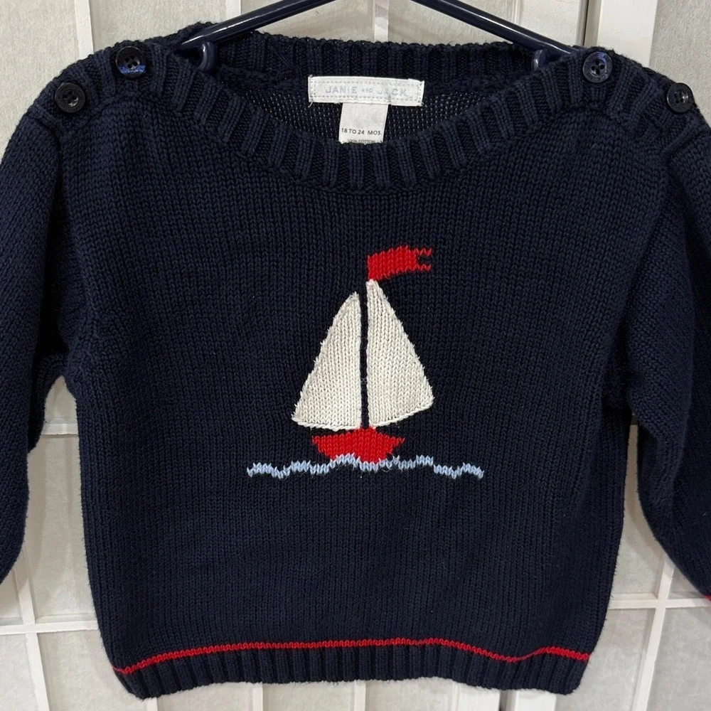 Janie and Jack Navy Sweater with Sailboat Size 18-24m